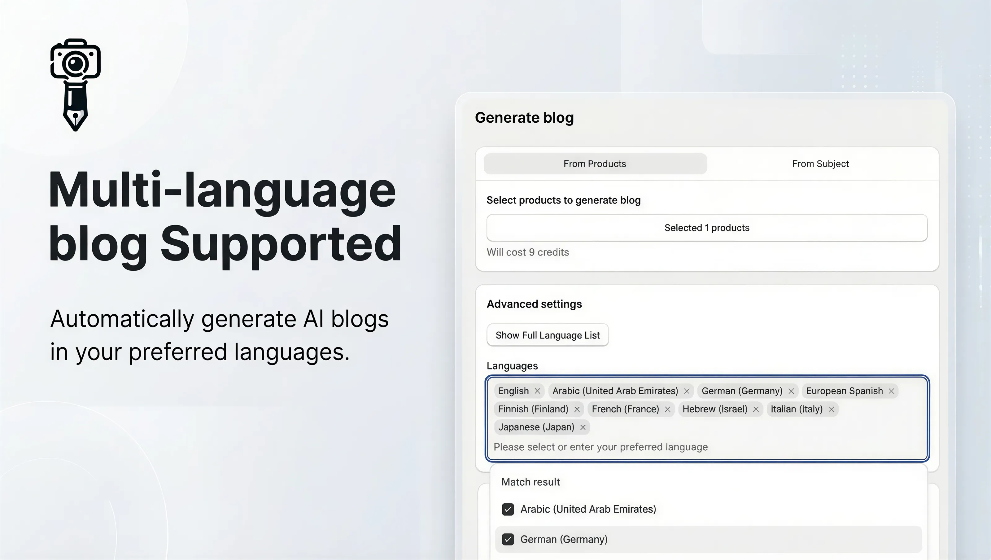 Vtober supports generating blogs in multiple languages.